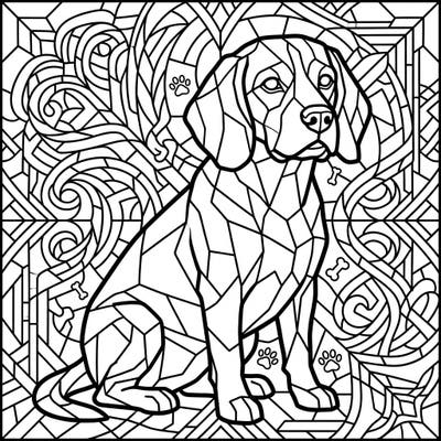 Discover the unique beauty of this Beagle coloring page, intricately designed in a stunning stained glass style. Each segment invites you to bring a mosaic of colors to life, creating a truly personal work of art.