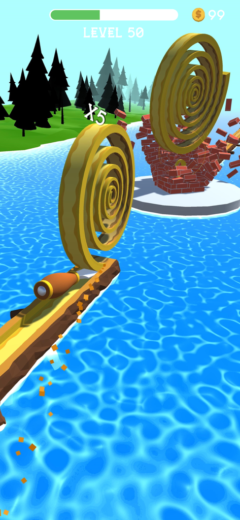 Spiral Roll gameplay showing a wood spiral being used to destroy brick obstacles