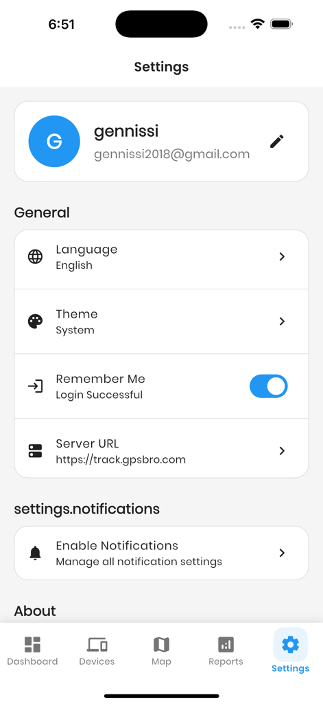GPS Pro using Traccar - Settings screen of the GPS Pro using Traccar app showing user profile and server configuration options