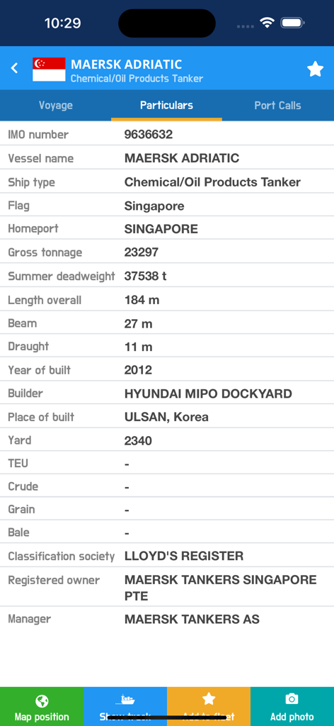VesselFinder Pro - Technical particulars for the Maersk Adriatic oil tanker in the VesselFinder Pro app