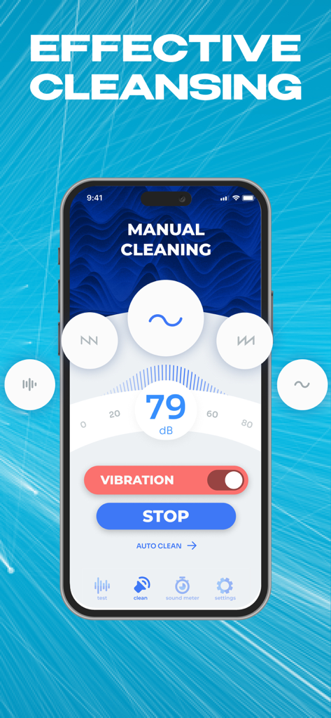 Blowly Cleaner: Clear Wave - Manual cleaning interface of the Blowly Cleaner app showing decibel meter and vibration control