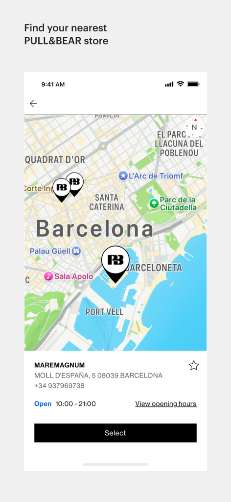 PULL&BEAR - A map interface within the PULL&BEAR mobile app showing nearby store locations and opening hours in Barcelona