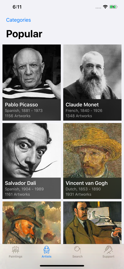 WikiArt - Lo schermo Artisti Popolari dell'app WikiArt con ritratti e conteggi di opere per Picasso, Monet, Dali e Van Gogh.