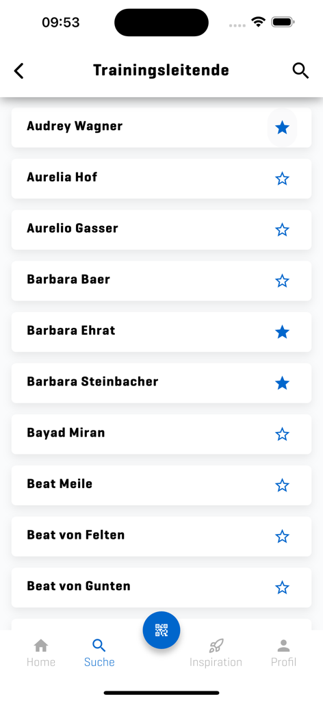 ASVZ - List of training instructors in the ASVZ app with star icons to favorite them
