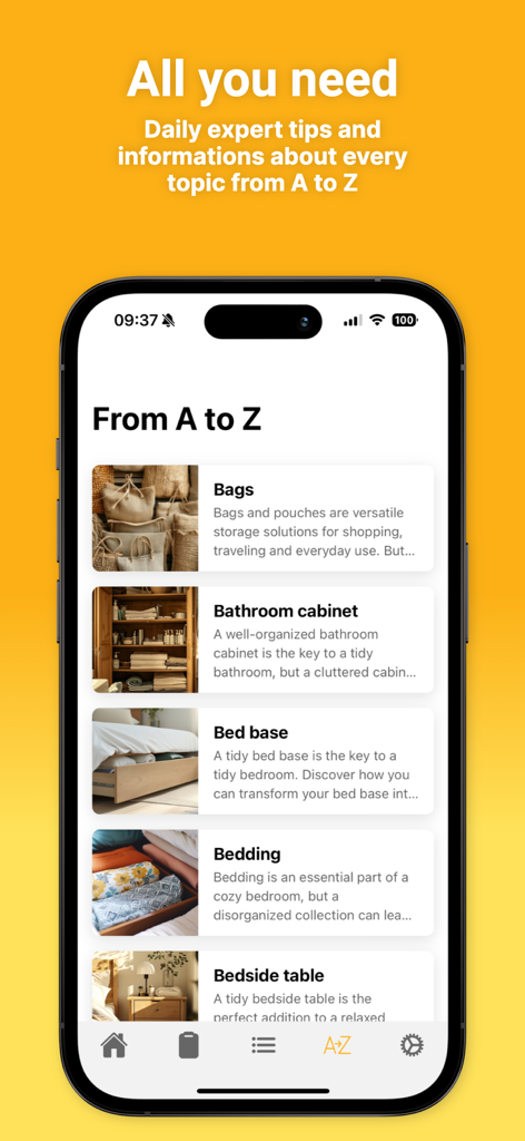 Sweepster - Sweepster app interface showing an A to Z knowledge base with expert tips for organizing bags, bathroom cabinets, and bedding.