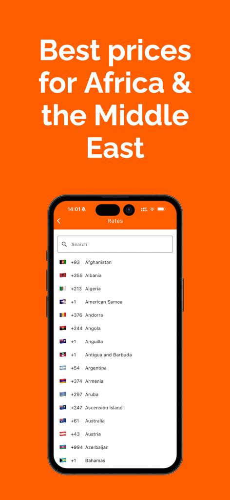 International calls - eFon - eFon app screen showing international calling rates and country dial codes