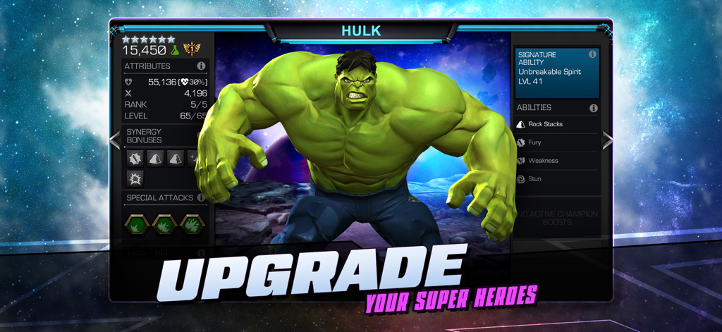 Character stats and upgrade screen for Hulk in Marvel Contest of Champions
