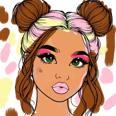 realistic girl with two buns on her hair and lips