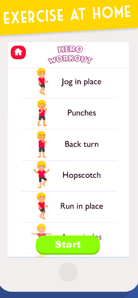Exercise for Kids at home - Hero Workout interface displaying a list of indoor exercises for children including jog in place and hopscotch