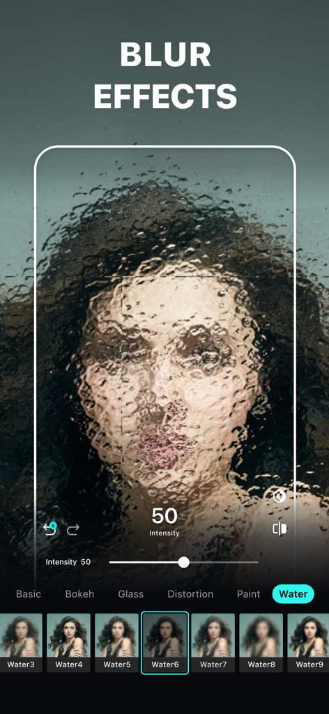 Blur Photo Editor - Benutzeroberfläche der Blur Foto Editor App, die einen künstlerischen Wasserunschärfe-Effekt auf einem Porträtfoto zeigt