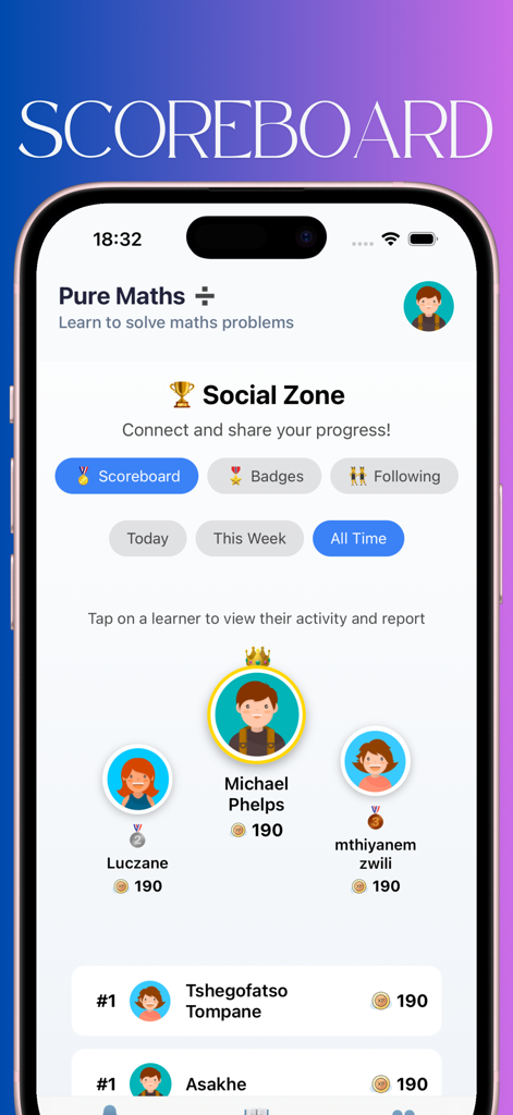 Mathematics Practice App - Vista del marcador de la aplicación de práctica de matemáticas Dimpo que muestra las clasificaciones de los estudiantes y los puntos XP.