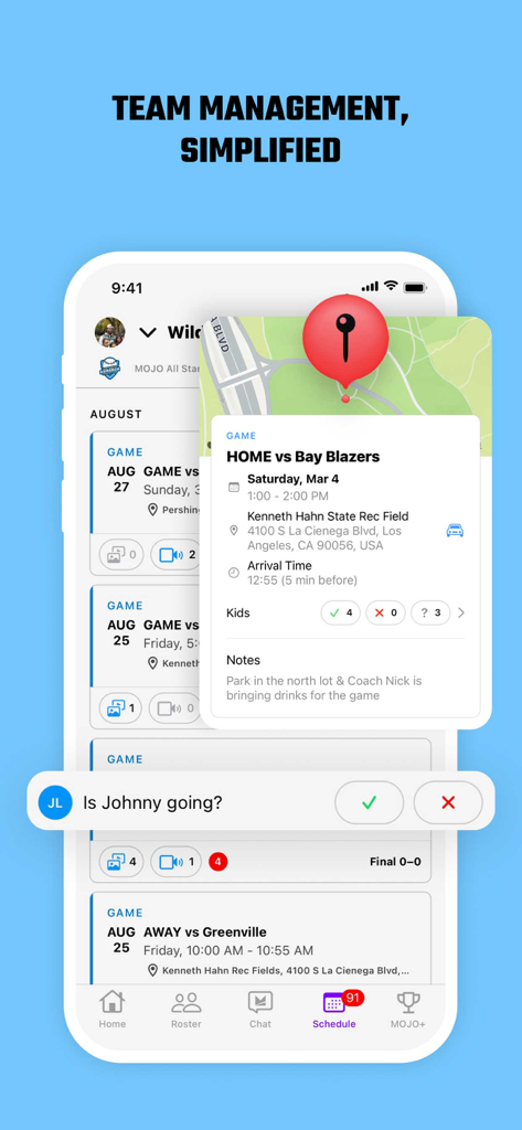 MOJO Sports - Écran de gestion d'équipe de l'application MOJO Sports avec les calendriers des matchs et les fonctionnalités de suivi de la présence.