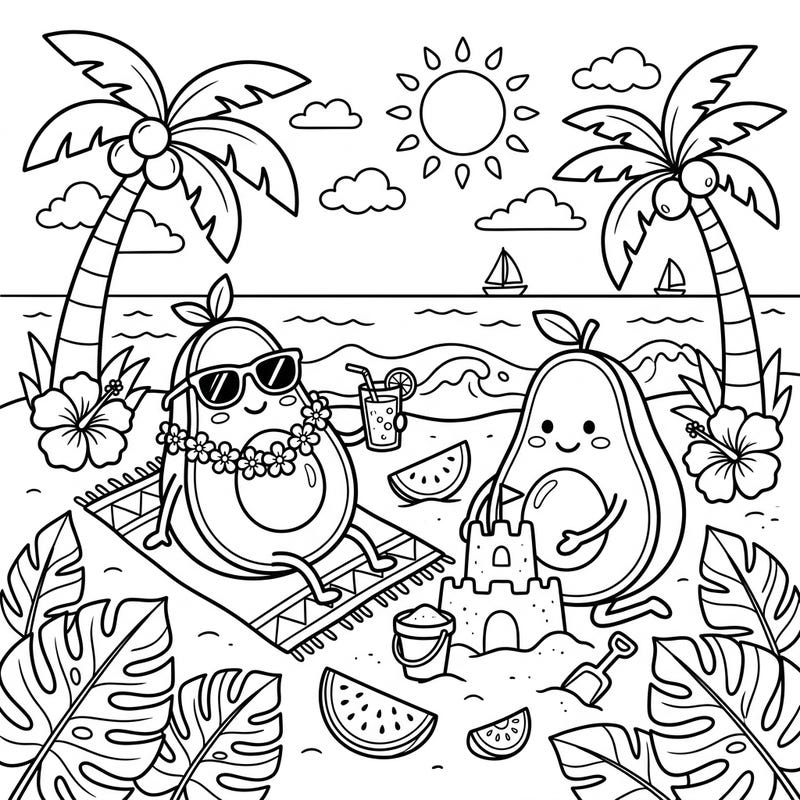 Get ready for a super fun summer adventure with these delightful avocado characters enjoying a sunny beach day! This charming coloring page is perfect for bringing a splash of color to your day.