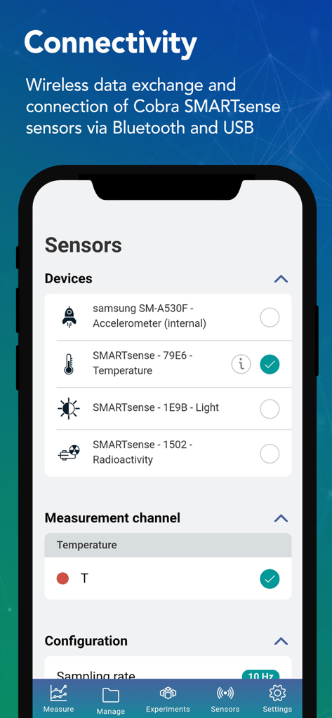 PHYWE measureAPP - A mobile interface of the PHYWE measureAPP displaying a list of connected sensors including temperature, light, and radioactivity for science experiments.