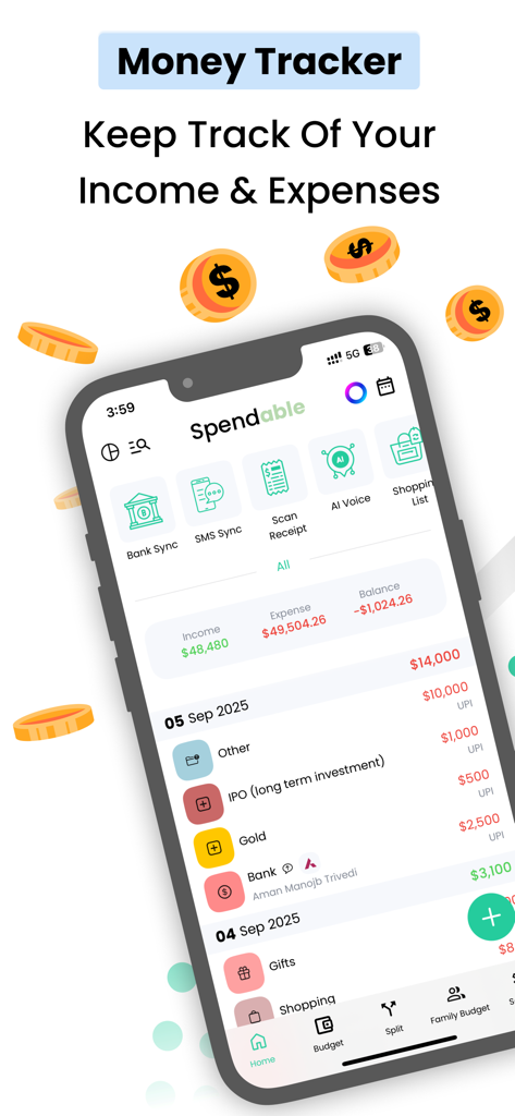 Spendable app dashboard showing income and expense tracking with transaction history