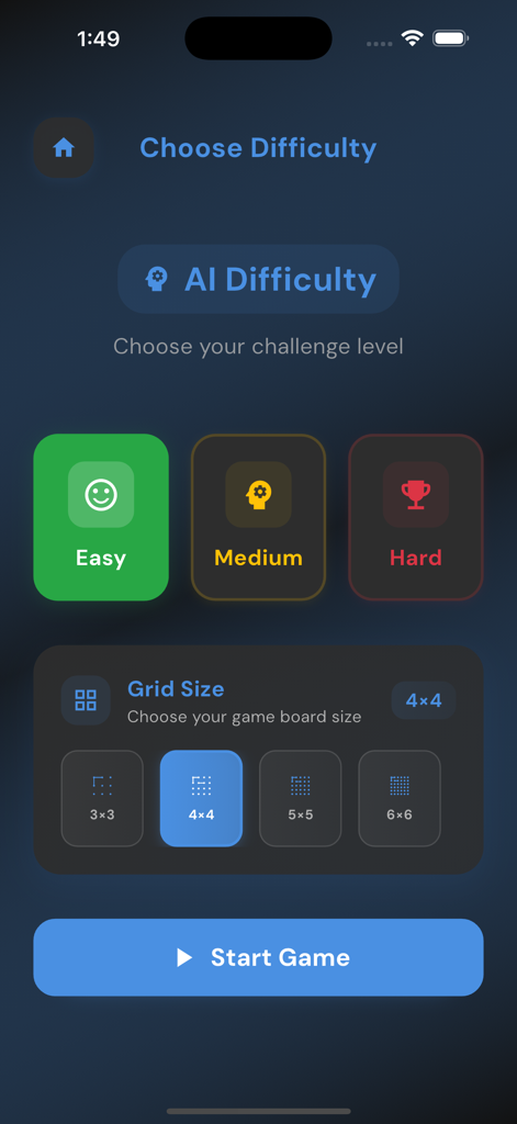 Dot & Box: Line Connect Puzzle - Schermata di selezione della difficoltà dell'IA e della dimensione della griglia per il gioco Dot and Box Line Connect Puzzle