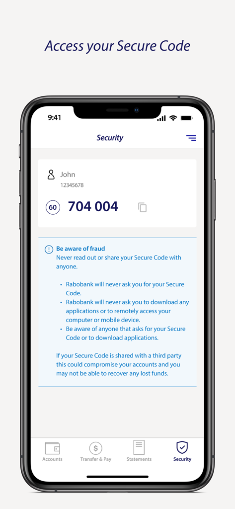 Rabobank Online Savings NZ - Rabobank Online Savings NZ app screen displaying a secure authentication code and fraud prevention advice.