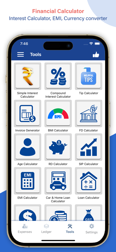 Ledger Book Expense Manager - Um menu de ferramentas financeiras no aplicativo Ledger Book Expense Manager mostrando calculadoras de EMI e juros