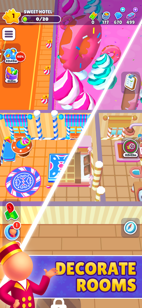 A bellhop character presenting colorful candy themed rooms with text saying decorate rooms