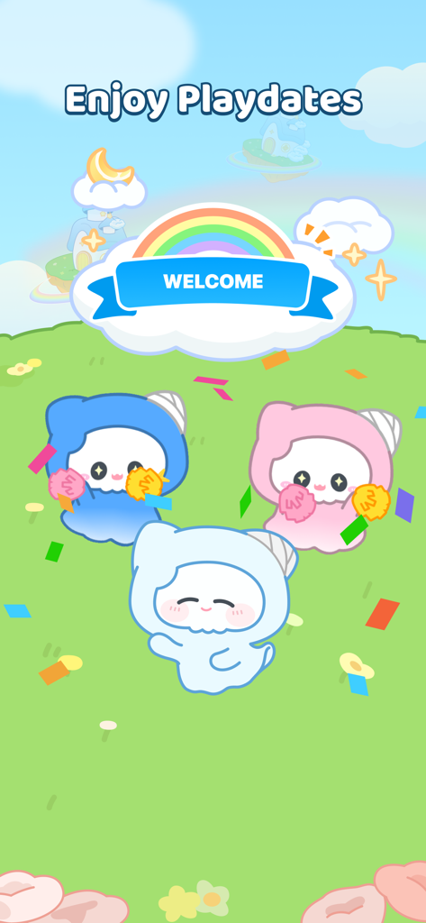Three cute Boo characters celebrating a playdate under a rainbow welcome banner