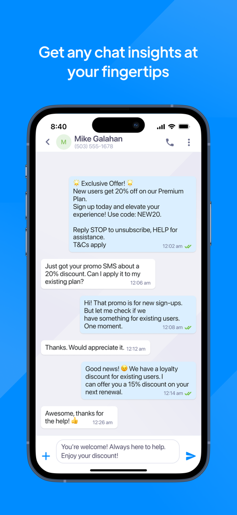 TextMagic - Screenshot der TextMagic Mobile App, der eine zweiseitige geschäftliche SMS-Konversation zwischen einem Unternehmen und einem Kunden bezüglich eines Rabattangebots zeigt.