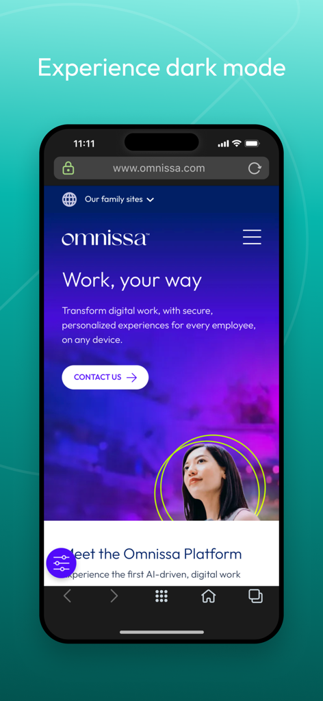 Smartphone exibindo o navegador Workspace ONE Web em modo escuro mostrando o site da Omnissa