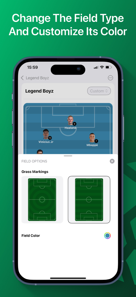Menú de personalización de campo de fútbol que muestra diferentes patrones de césped y opciones de color para el terreno de juego