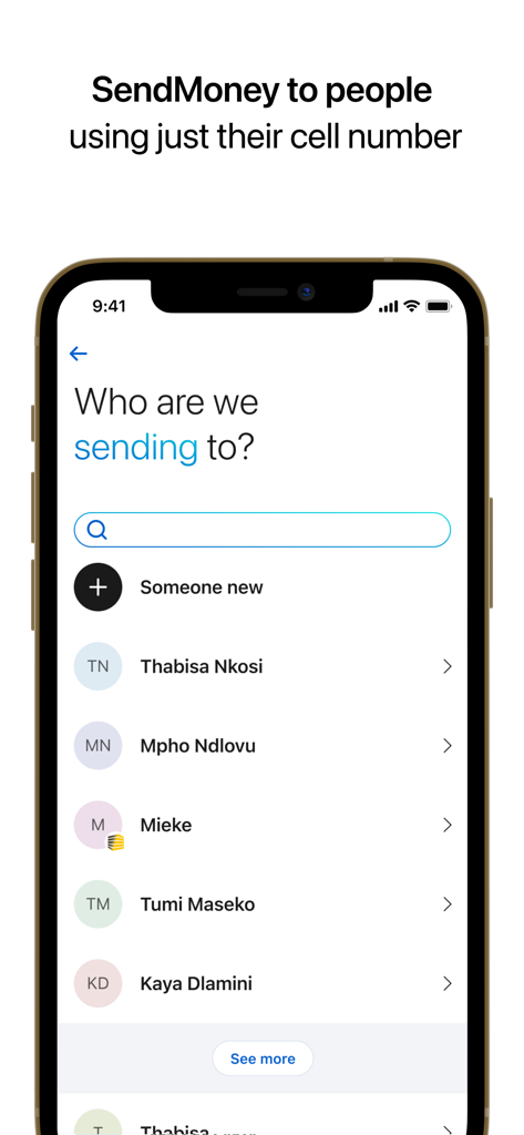TymeBank - Pantalla de la aplicación TymeBank para enviar dinero a contactos usando sus números de móvil