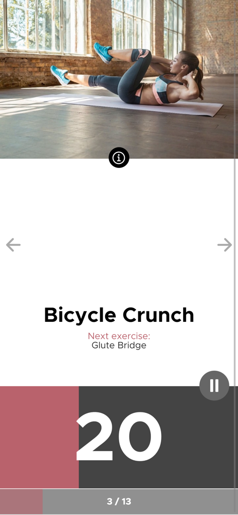 Lazy Workouts - Woman performing a bicycle crunch exercise on a mat inside the Lazy Workouts app interface with a 20 second timer