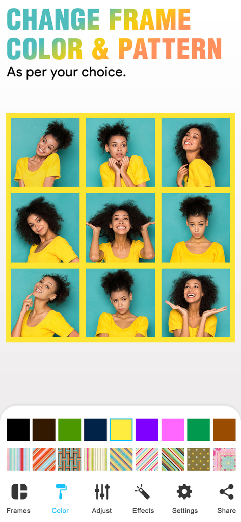 Une grille photo 3x3 dans l'application Collage vidéo, avec des outils pour modifier la couleur et le motif de la bordure