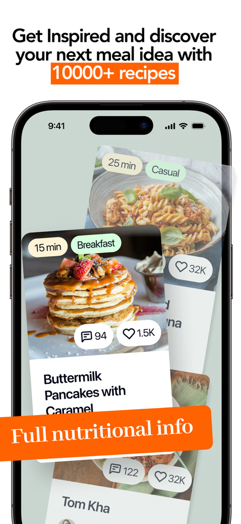 foodela – tasty meal recipes - Captura de pantalla de la aplicación foodela que muestra tarjetas de recetas de comidas para panqueques y pasta con tiempos de cocción e información nutricional.
