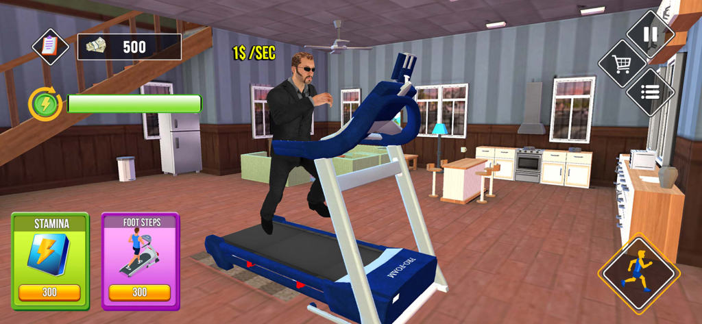 Car Driven to Saler Dealership - Character in a suit exercising on a treadmill inside a virtual home with stamina and footstep stats