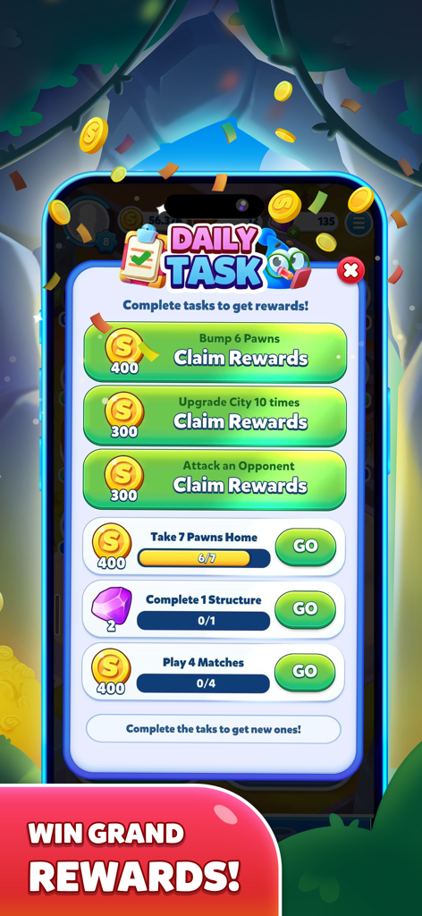 「ソーリー！ワールド」ボードゲームのデイリータスクメニュー、ミッションリストと報酬を表示