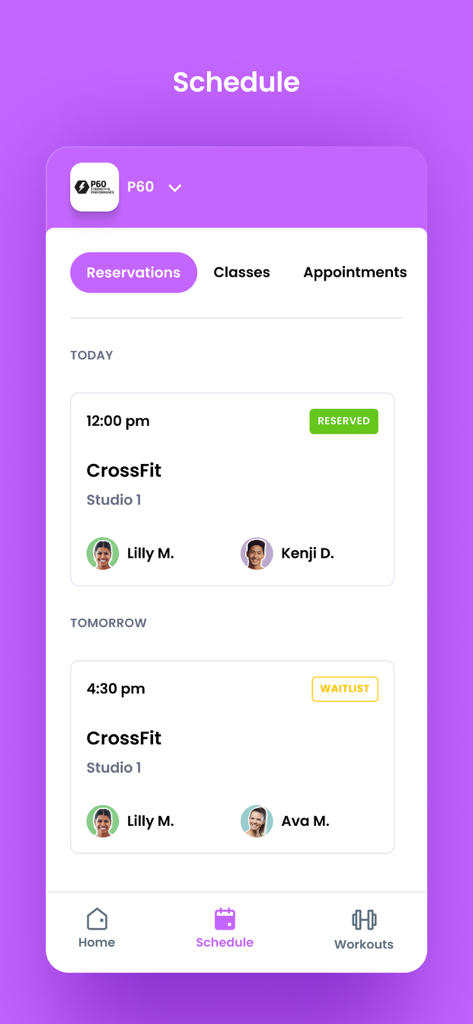 P60 app schedule screen showing CrossFit class reservations and waitlist status.