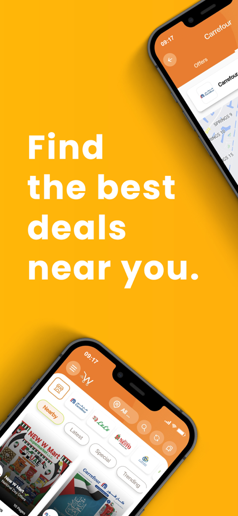 WoWDeals: Shopping Deals - WoWDeals app interface showing shopping offers and flyers from retailers like Carrefour and Lulu in the UAE and Qatar