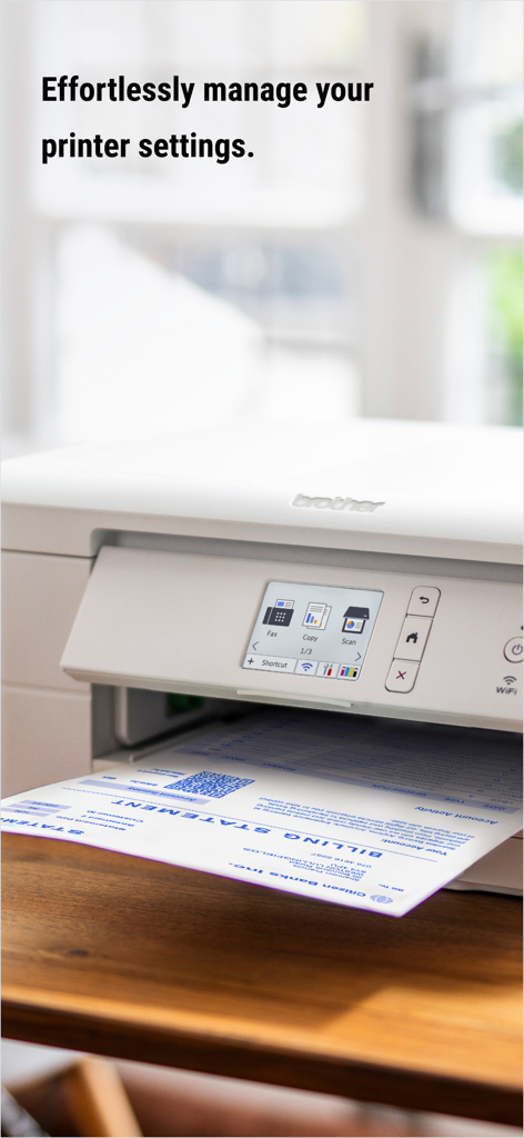 A white Brother printer printing a billing statement on a wooden desk with text about managing printer settings.