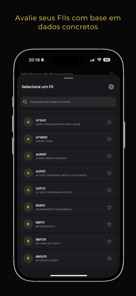 Renda Fiis: Fundos Imobiliário - Search and selection screen for Brazilian Real Estate Funds in the Renda Fiis app