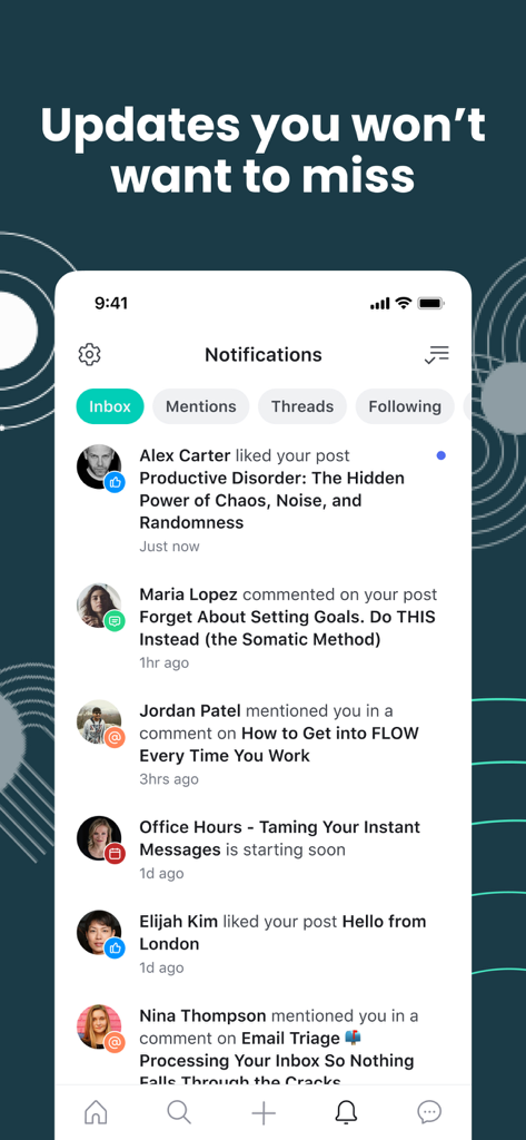 Uno screenshot dell'app Building a Second Brain che mostra un feed di notifiche con interazioni della community e aggiornamenti dei post.