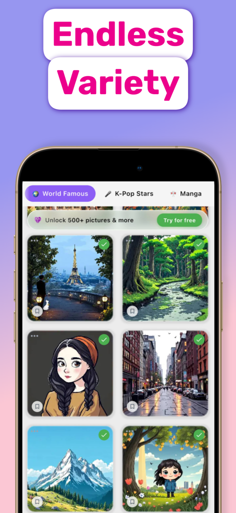 NumColor AI - Coloring Games - Uma tela móvel mostrando o aplicativo NumColor AI com uma galeria diversificada de páginas de colorir incluindo marcos mundiais, mangá e cenas da natureza sob o título Variedade Infinita.