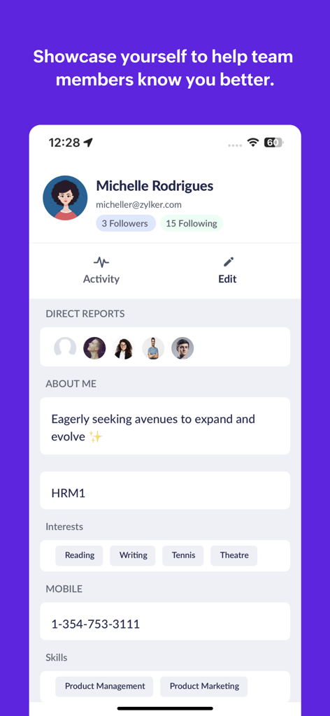 Zoho Connect - Aplicativo móvel Zoho Connect mostrando o perfil de um funcionário com interesses e habilidades.