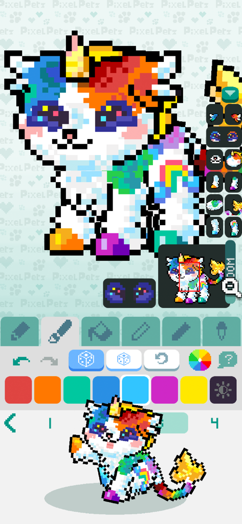 Interfaz de Pixel Petz para crear una mascota personalizada de píxeles de arcoíris