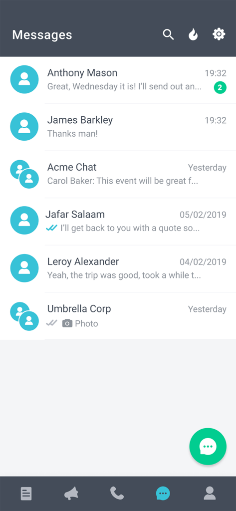 The messages screen of the SMART Comms app displaying a list of secure individual and group encrypted chats.