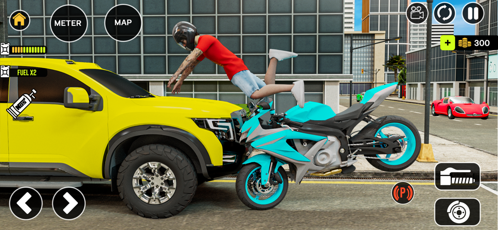 A motorbike rider flying through the air after crashing into a yellow pickup truck in a 3D city environment.