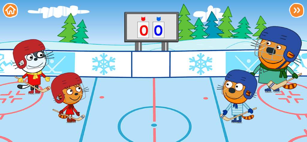 Kidecats characters in hockey gear on an ice rink