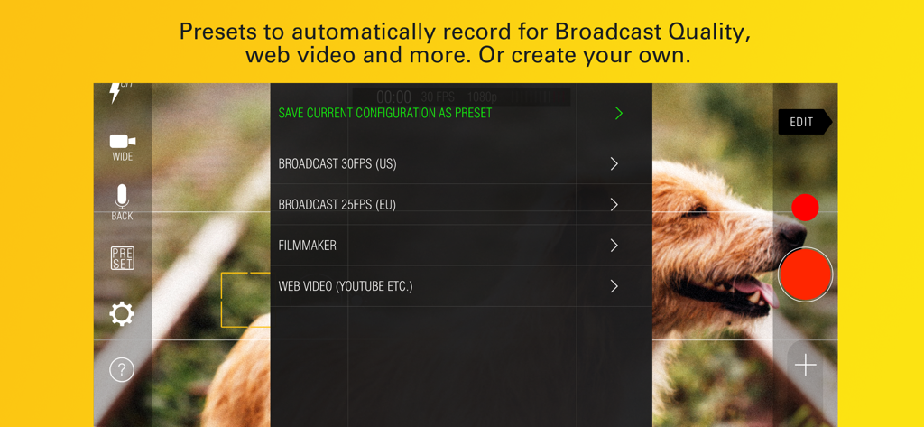Kinomatic - Pro Video Camera - Kinomatic pro video camera app interface showing smart presets for broadcast and web video recording