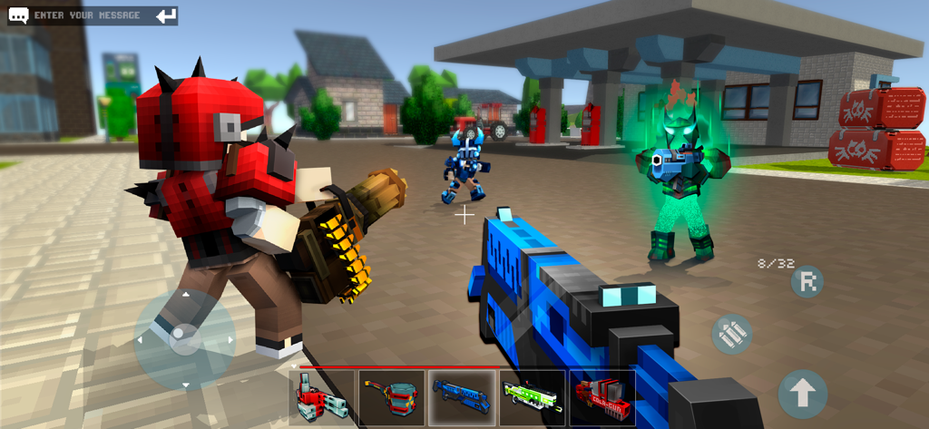 A first-person view of blocky characters and wacky weapons in a pixel art shooting game environment.