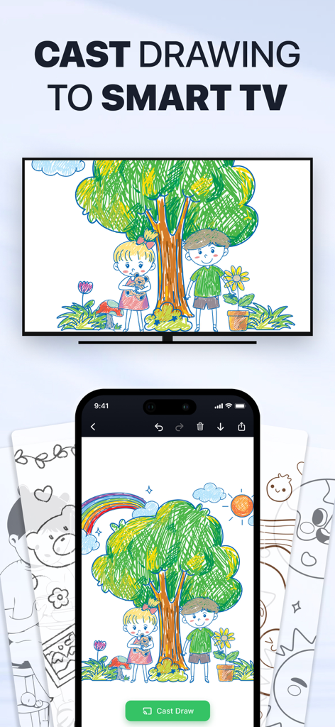 iPhone screen mirroring a colorful children drawing to a Smart TV