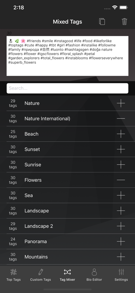 Top Tags: TagsForLikes app - Interface of the Tag Mixer feature in the Top Tags app displaying categories like Nature, Beach, and Sunset to create combined hashtags for Instagram.