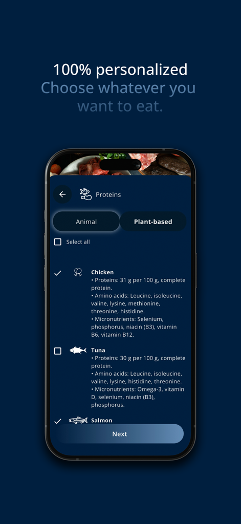 Now Me App En - Now Me App interface for choosing protein sources in a personalized meal plan