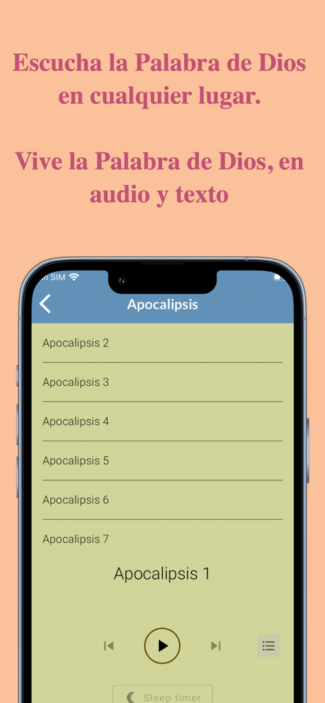 Biblia Reina Valera Español - Interfaz del reproductor de audio para el libro de Apocalipsis en la aplicación Biblia Reina Valera en español